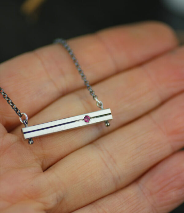 Silver Chunky Bar Ruby or Diamond Modern Art Pendant Necklace - Image 6