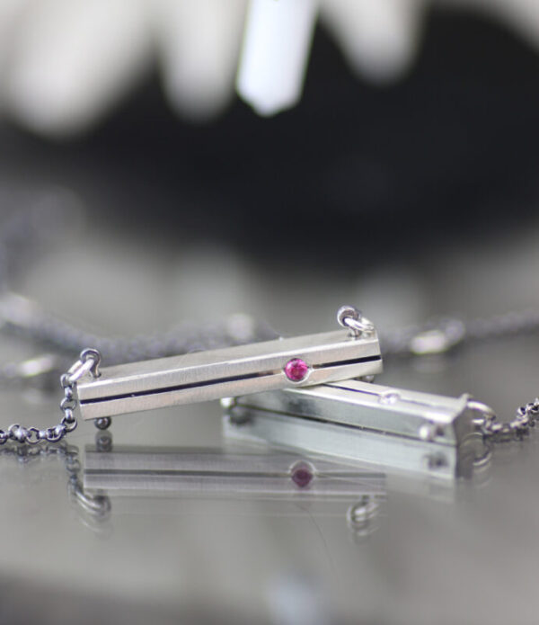 Silver Chunky Bar Ruby or Diamond Modern Art Pendant Necklace - Image 2