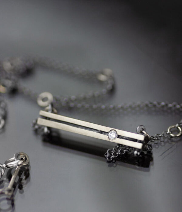 Silver Chunky Bar Ruby or Diamond Modern Art Pendant Necklace - Image 3