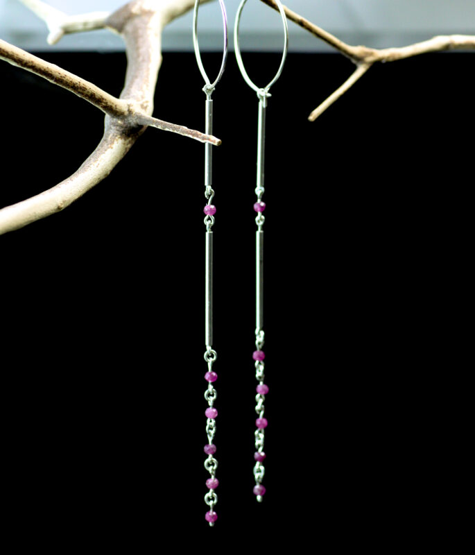 Sapphire or Ruby Gemstone Nugget Modern Shoulder Duster Earrings - Image 2