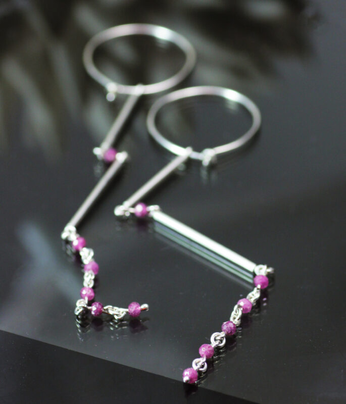 Sapphire or Ruby Gemstone Nugget Modern Shoulder Duster Earrings