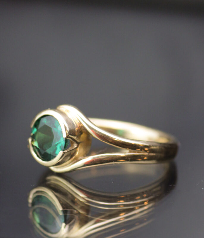 Emerald and Gold Half Bezel Double Orbit One of a Kind Minimalist Engagement Ring - Image 2