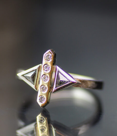Auroric Mirror Double Triangle Salt and Pepper Diamond Gold Bar Engagement Ring