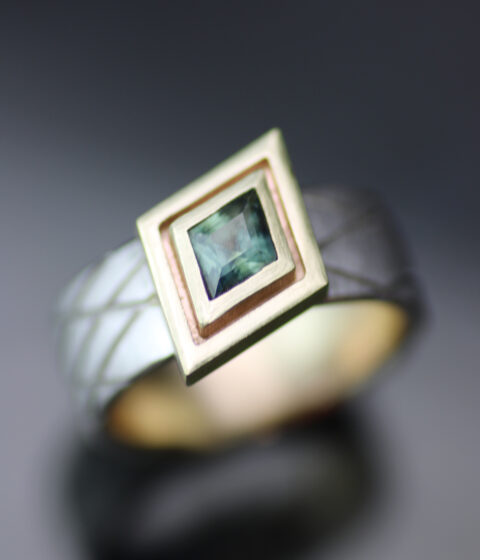 Platinum and Gold Mixed Metals Trapezoid Sapphire Modern Engagement Ring