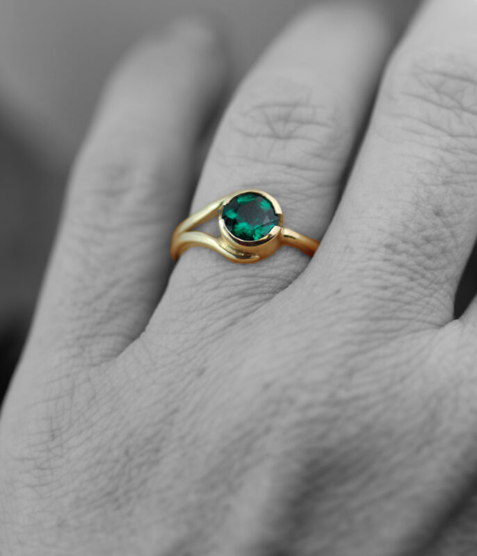 Emerald and Gold Half Bezel Double Orbit One of a Kind Minimalist Engagement Ring - Image 5