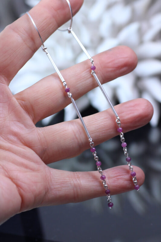 Sapphire or Ruby Gemstone Nugget Modern Shoulder Duster Earrings - Image 3