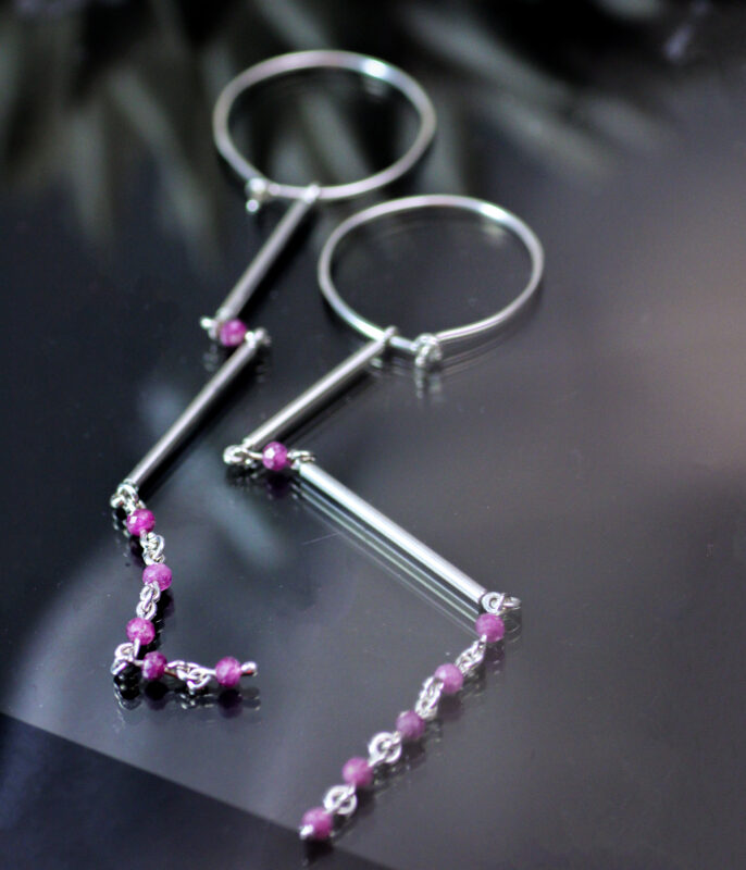 Sapphire or Ruby Gemstone Nugget Modern Shoulder Duster Earrings - Image 4
