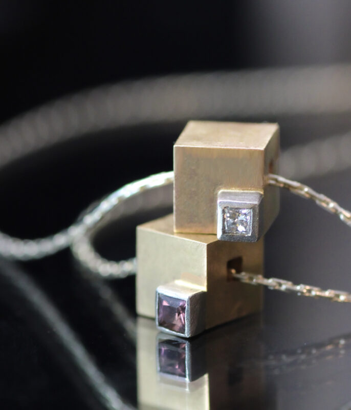 Cube Cubed Gold Diamond or Sapphire Gemstone Pendant - Image 2