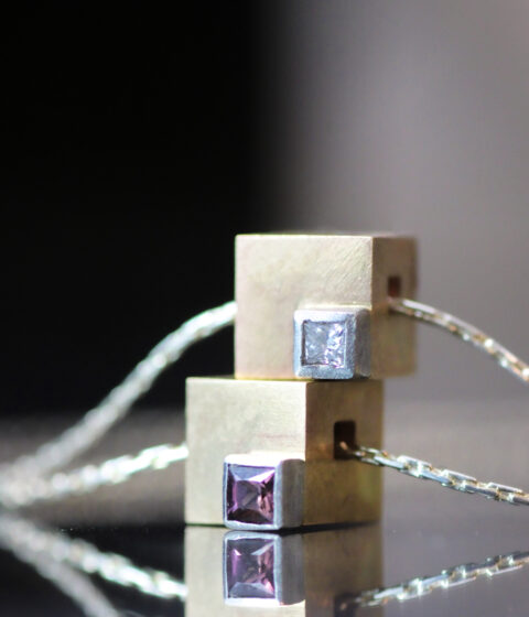 Cube Cubed Gold Diamond or Sapphire Gemstone Pendant