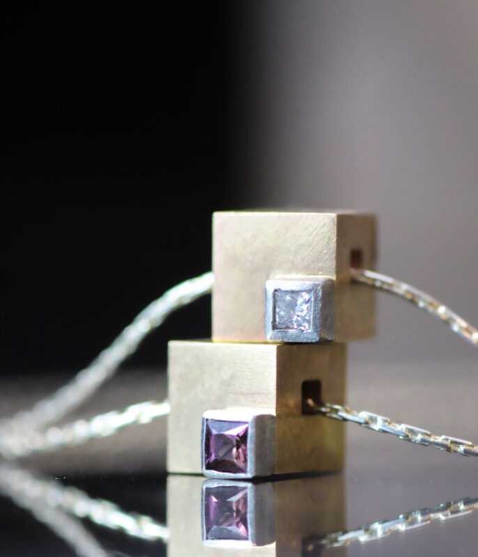 Cube Cubed Gold Diamond or Sapphire Gemstone Pendant