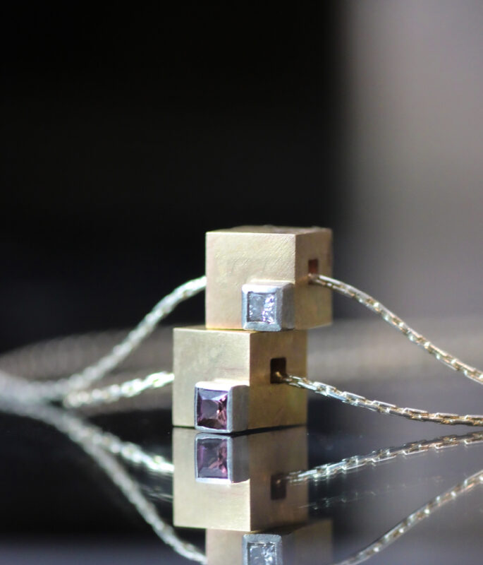 Cube Cubed Gold Diamond or Sapphire Gemstone Pendant - Image 3